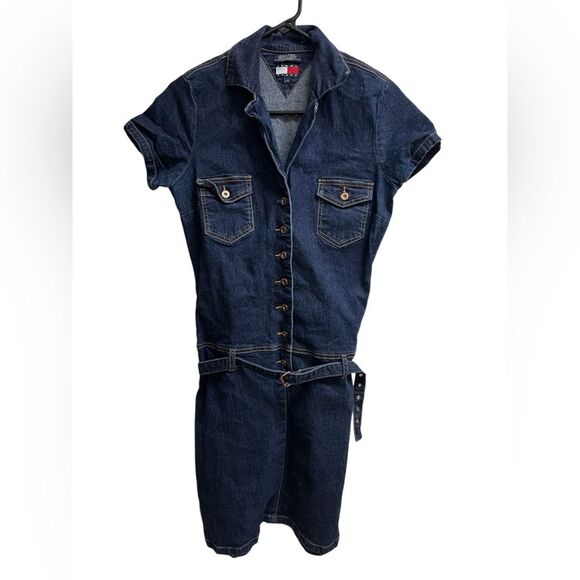 VTG Y2K Tommy Hilfiger Jeans Dark Wash Denim Button-front Belted Mini Dress SZ L - Picture 1 of 4
